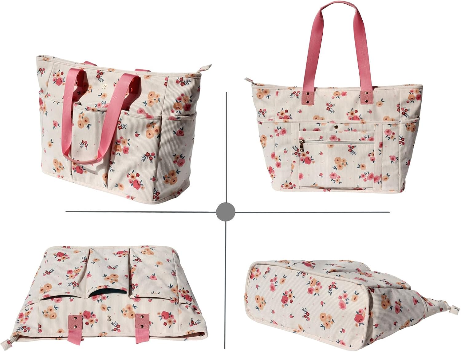 Corduroy Women Ladies Weekender Bag Muti-pockets Overnight Carry-on Duffel Travel Gym Tote Luggage Duffle with Trolley Sleeve (Corduroy Beige Flower)