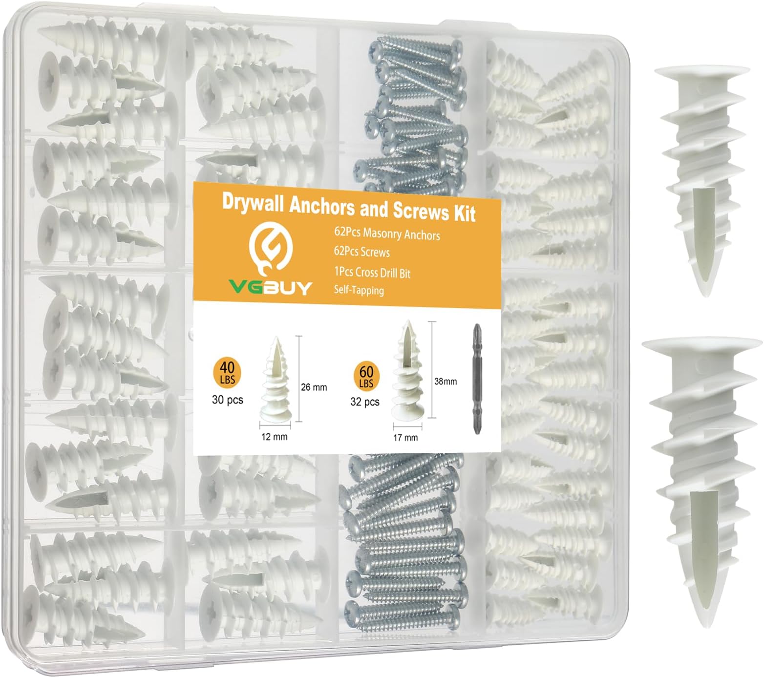 Drywall Anchors and Screws kit Heavy Duty,124Pcs Screws and Plastic Wall Anchors for Drywall,Holds Up to 50lbs,Mounting Morrirs,Pictures,Drywall,Sheetrock,Hollow Wall,Plaster Wall