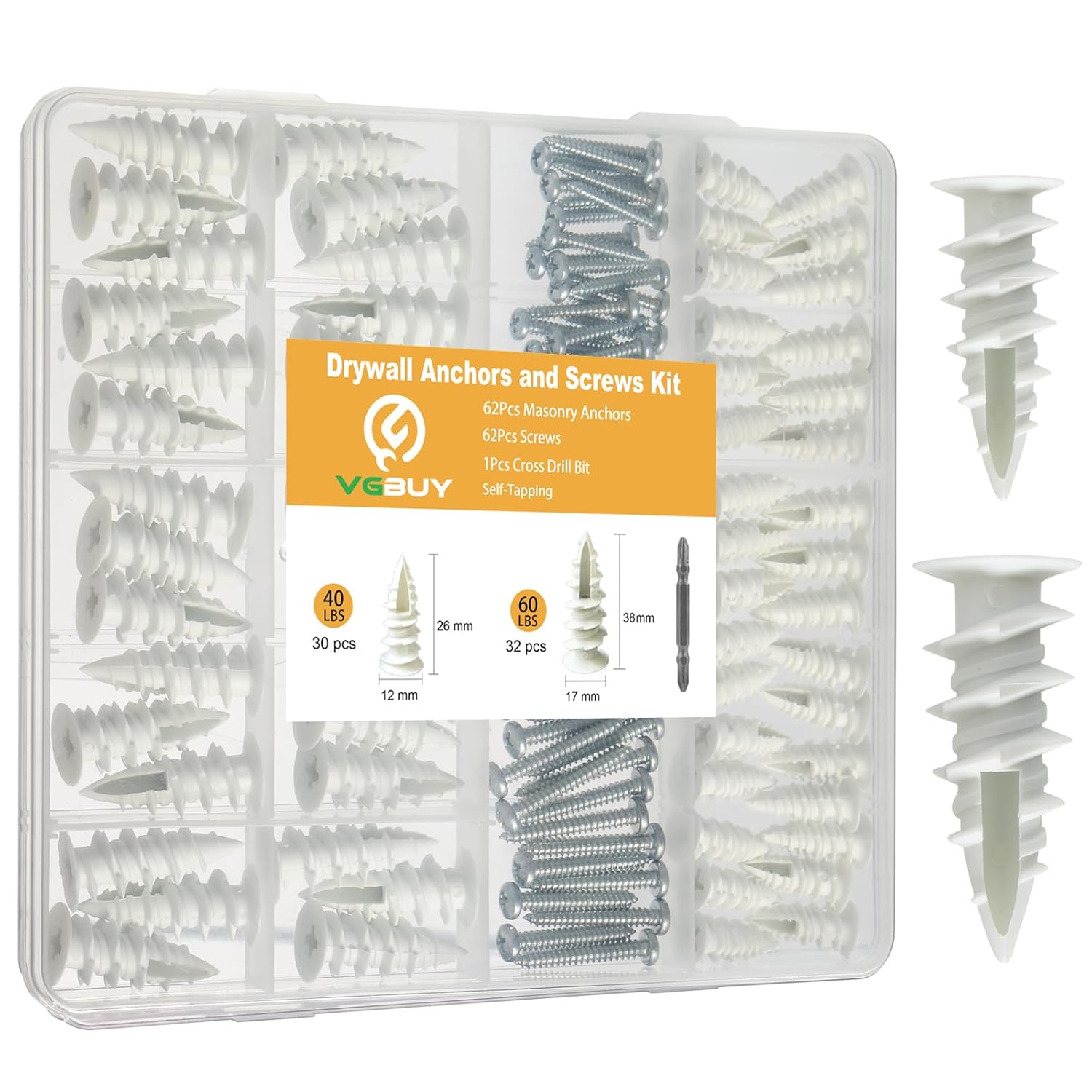 Drywall Anchors and Screws kit Heavy Duty,124Pcs Screws and Plastic Wall Anchors for Drywall,Holds Up to 50lbs,Mounting Morrirs,Pictures,Drywall,Sheetrock,Hollow Wall,Plaster Wall