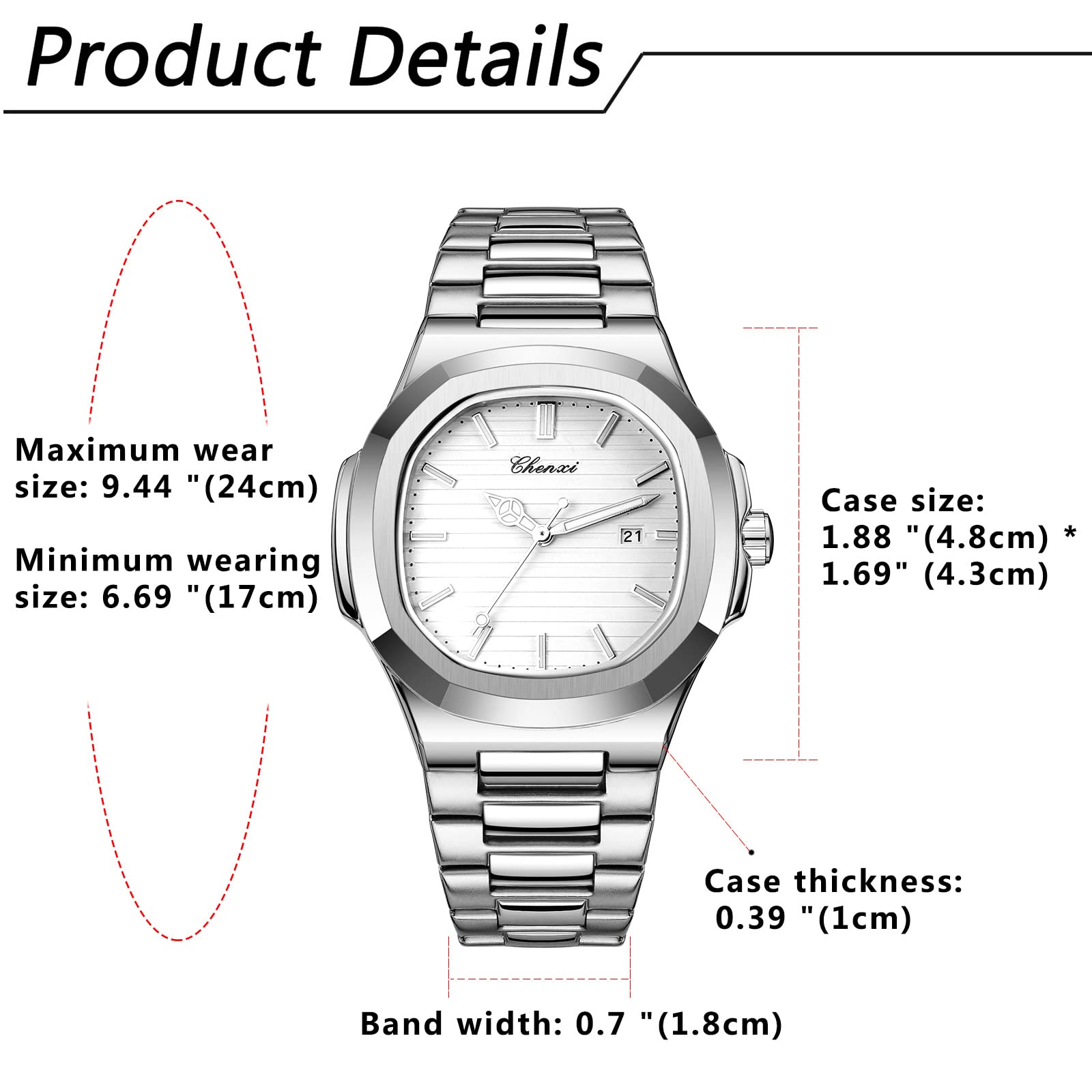 JewelryWe Męski zegarek kwarcowy, damski zegarek modny kwadratowy romb pudełko w skali świecącej barowej świecące wskazówki solidny pasek ze stali nierdzewnej