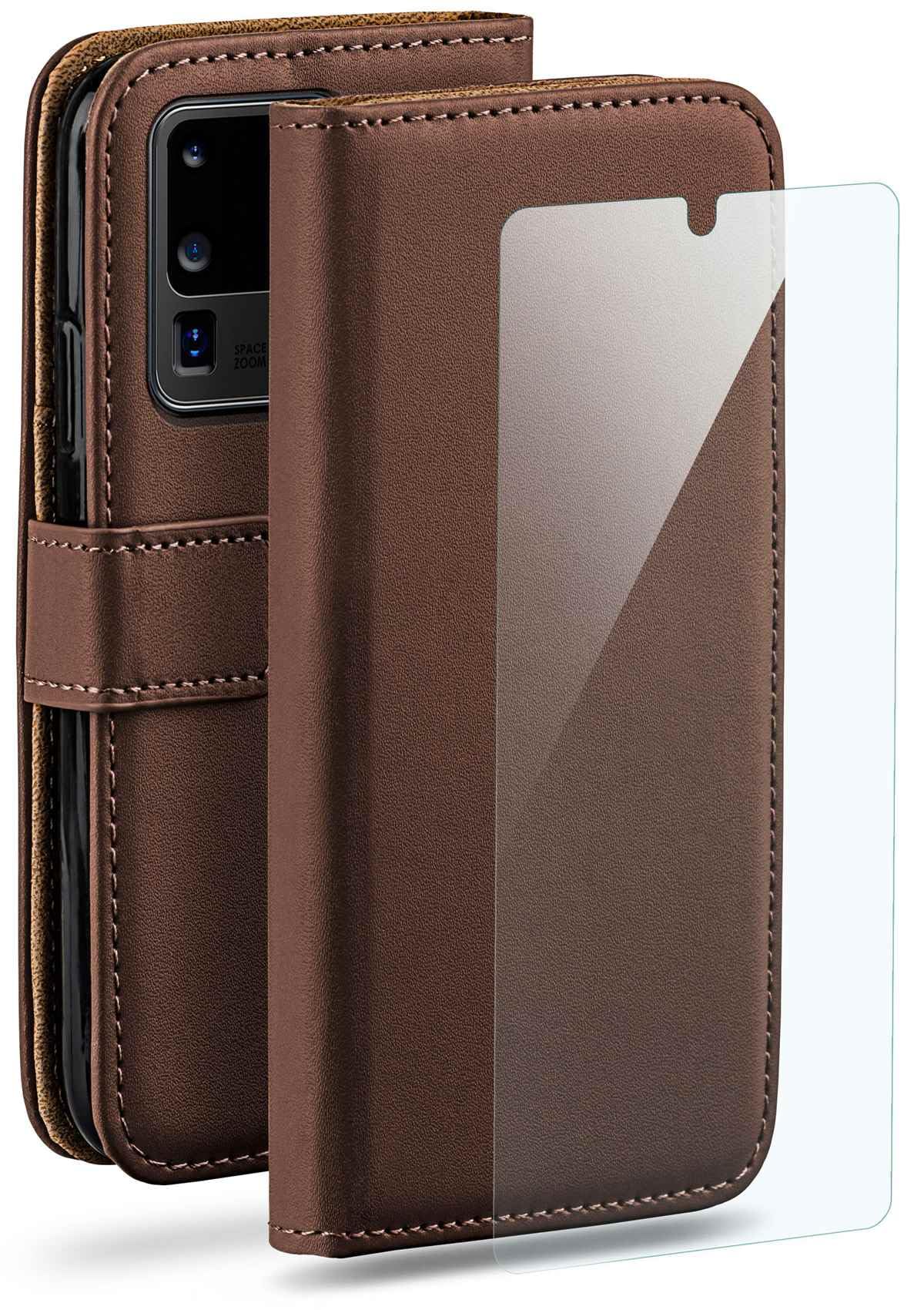 moex 4 in 1 Set für Samsung Galaxy S20 Ultra / 5G Hülle mit 3X Schutzfolie, Handyhülle Kartenfach [Book Case Klapphülle + FlexProtect Folie] Schutzhülle 360 Grad Komplettschutz, Dunkelbraun