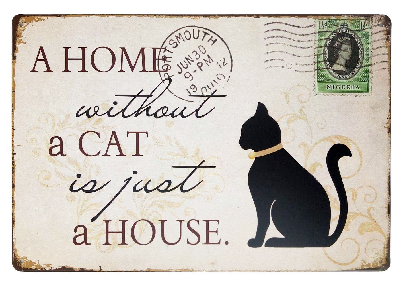 Hioni Metal Poster Sign Plaque A Home Without A Cat Is Just A House, Cafe Bar Pub Vintage Metal Slogan Art Decor Plaque