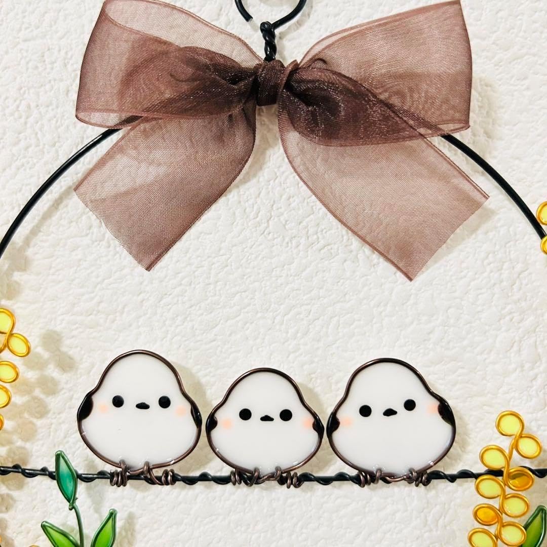 ミモザとシマエナガのリース ワイヤーアート ワイヤークラフト