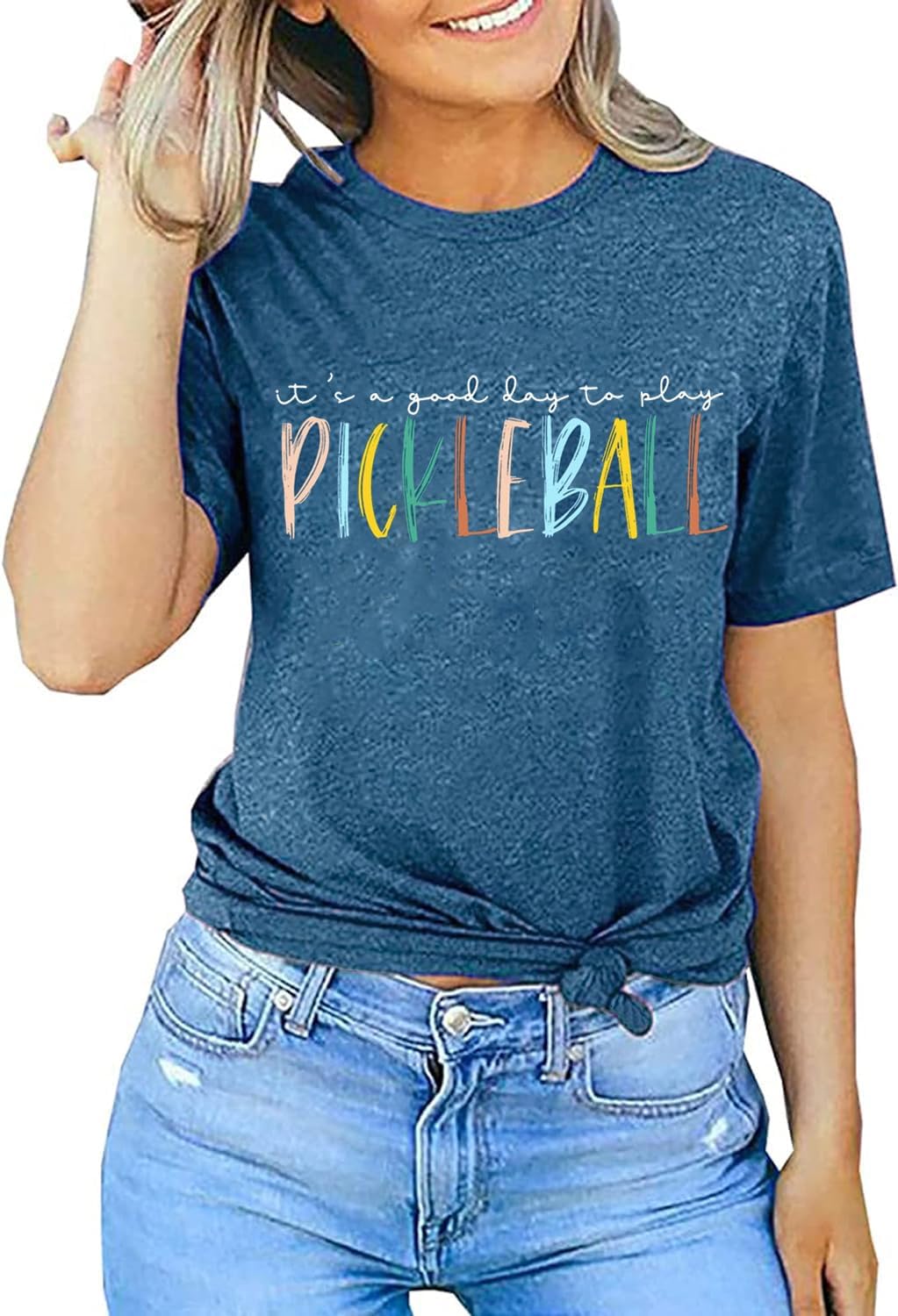 COLORFUL BLING Women's Pickleball T-Shirt, Teal, Short Sleeve, Regular Fit, Crew Neck, Stretchable Cotton Blend - Image 3