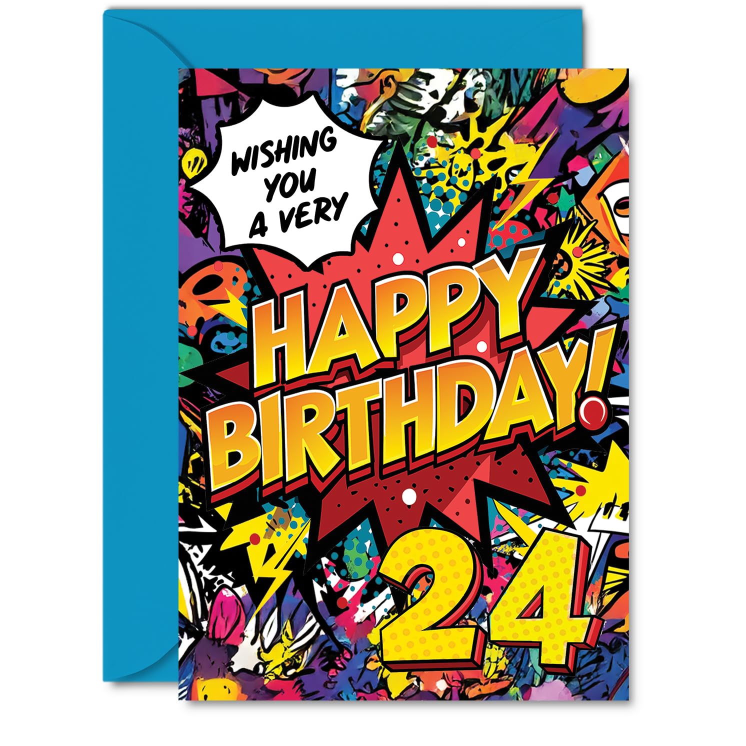 24th Birthday Cards for Men Women - Comic Book Pow! - Happy Birthday Card for 24 Year Old Man Woman Brother Nephew Auntie Friend, A5 Bday Greeting Cards