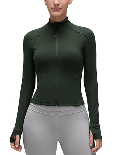 CRZ YOGA Butterluxe Waist Length Jackets for Women - Full Zip Athletic Track Tops with Thumb Holes Pockets - Medium - Legend Green