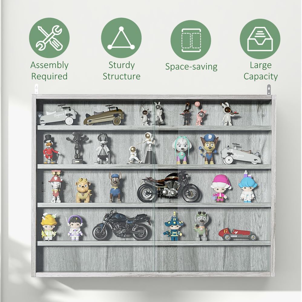 5-Tier Display Cabinet, Glass Display Case with 2 Doors and Adjustable Shelves, Wall-Mounted, Grey