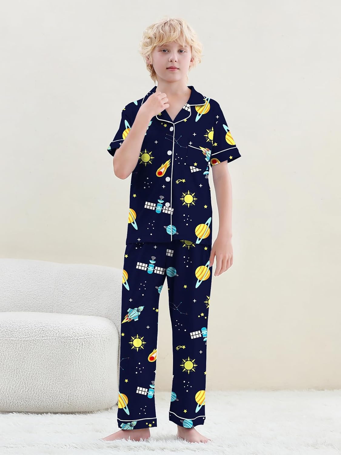 Umeyda Boys 100% Cotton Pajamas Short Sleeve and Long Pants 2-Piece PJ Set Kid Sleepwear Ages 4-12