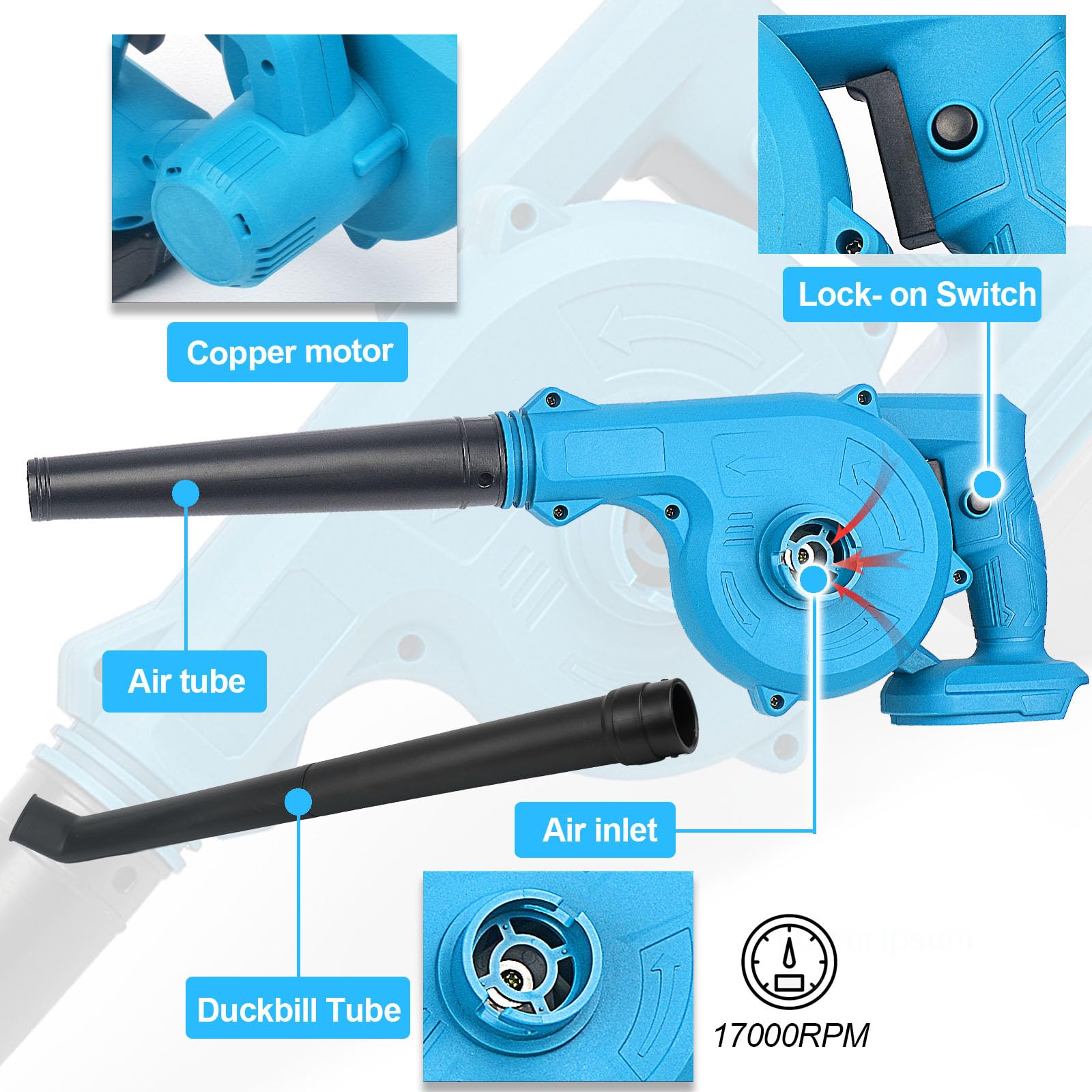 Soffiatore per foglie senza fili per Makita 18 V, soffiatore d'aria elettrico da cantiere con ugello a becco d'anatra, soffiaggio e aspirapolvere 2 in 1 per foglie da giardino, pulizia auto