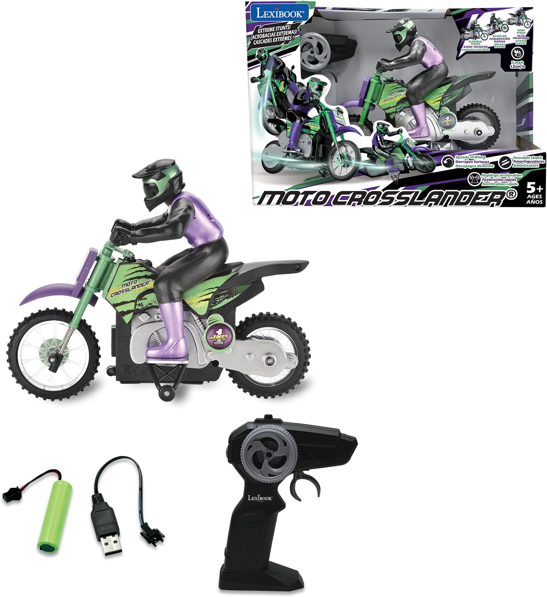 Lexibook Lexibook, Crosslander® radio-controlled off-road motorcycle, up to 12km/h, perfect balance, light effects, crazy skids, fast acceleration, ergonomic remote control, rechargeable, RC18