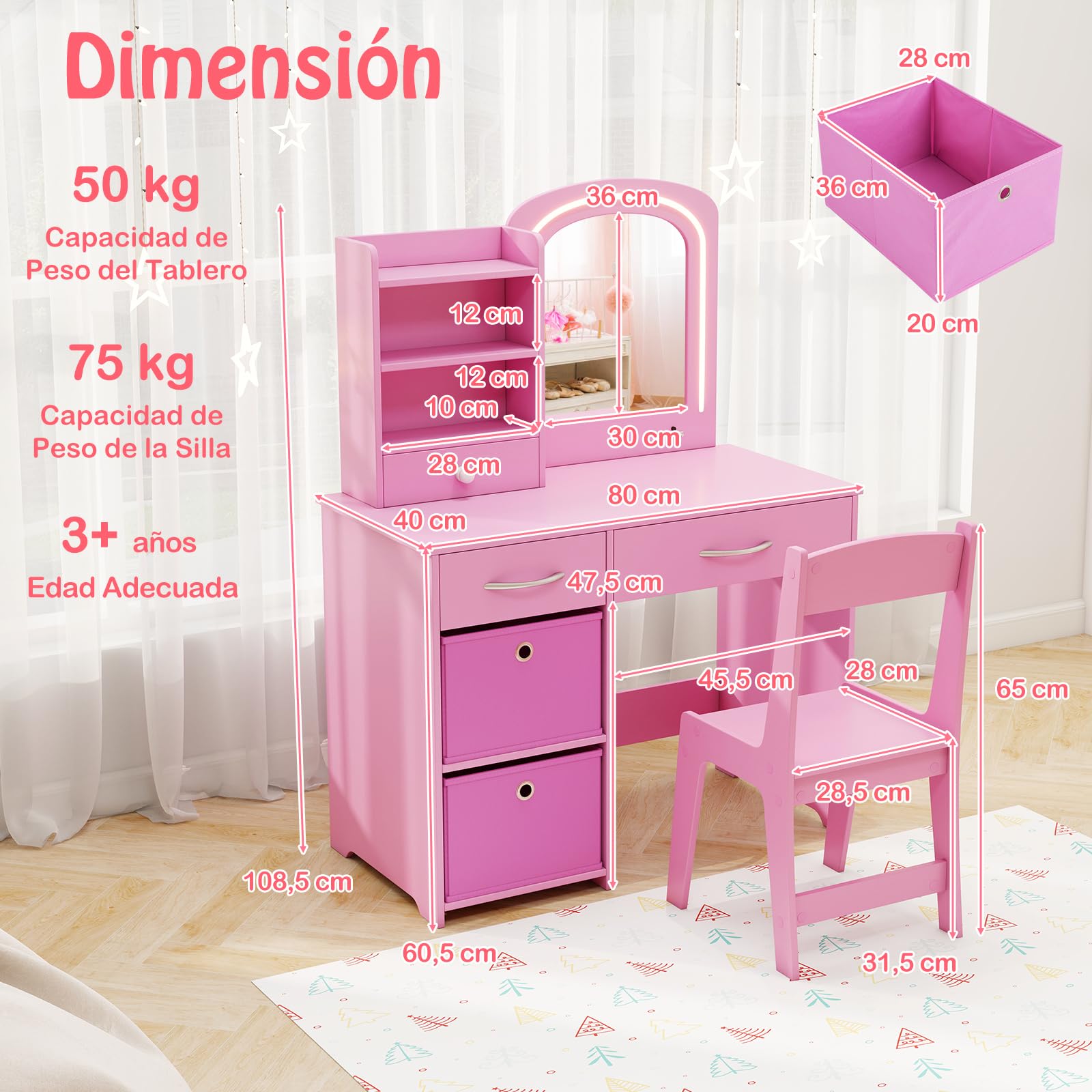 COSTWAY Tocador Infantil con Espejo Iluminado, Tocador de Maquillaje Niña con Espejo y Luces, Estantes Abiertos y 5 Cajones de Almacenaje, Mesa y Silla de Princesa para Niñas de 3+ Años (Rosa)