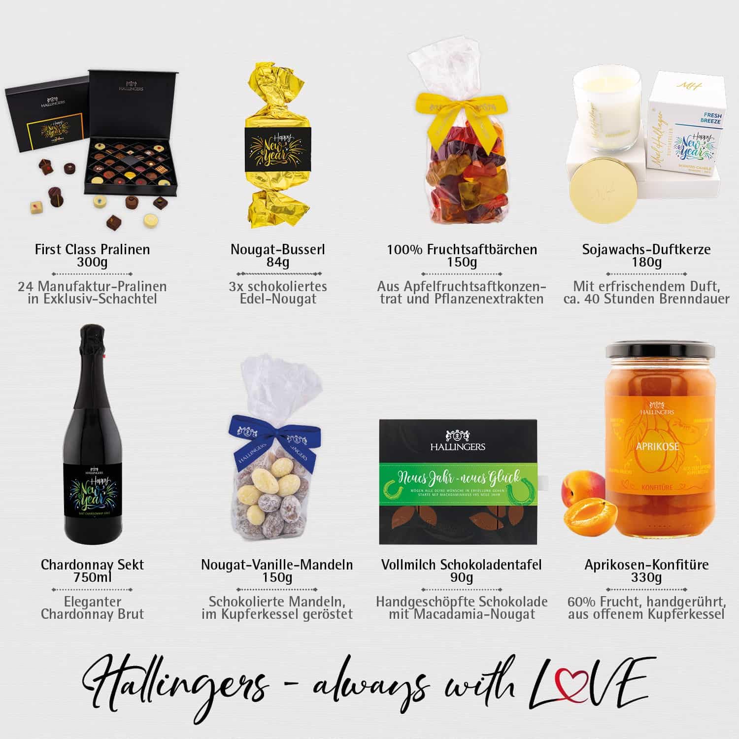 Hallingers Genuss Manufaktur Feinkost Weihnachts-Geschenk-Set - XXL-Geschenkkorb "Happy New Year" große Selektion Sekt, Konfitüre, Duftkerze, Nougat, Schoki, Pralinen & mehr, Weihnachten für Frauen