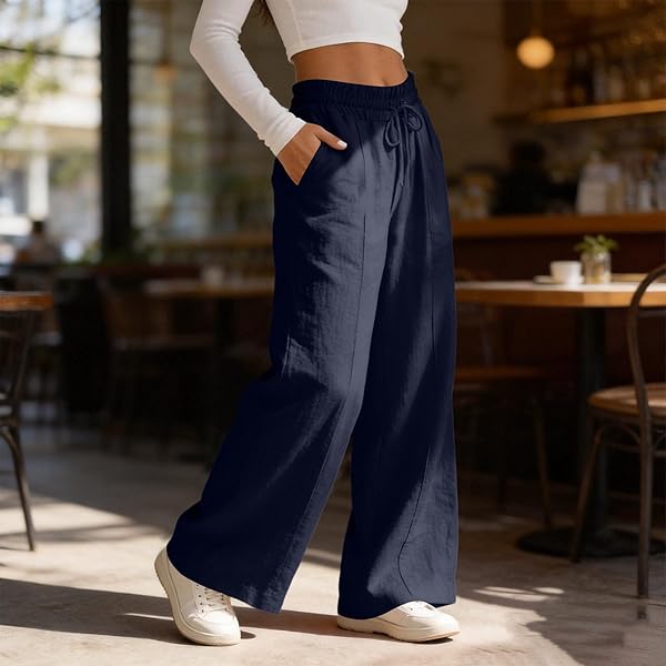 EMATOP Leinenhose Damen Lang Leicht Sommerhose Casual Musselin Hosen Elegant Baumwolle Leinen Stoffhose Einfarbig Bequem Freizeithose mit Taschen Strandhose Sommer Weite Bein Palazzo Sporthose - 3