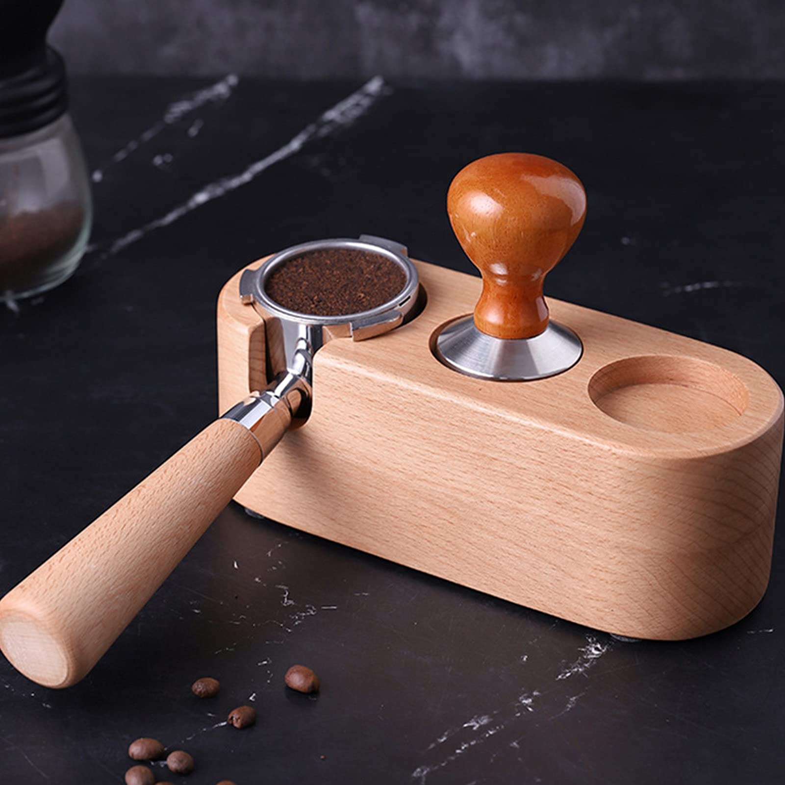 Soporte De Portafiltro De Café De 3 Orificios, Soporte De Tamper De Filtro De Café De Madera, Estación De Soporte De Tapete De Tamper De Madera Estación De Apisonamiento De Café Espresso Con Tapete An