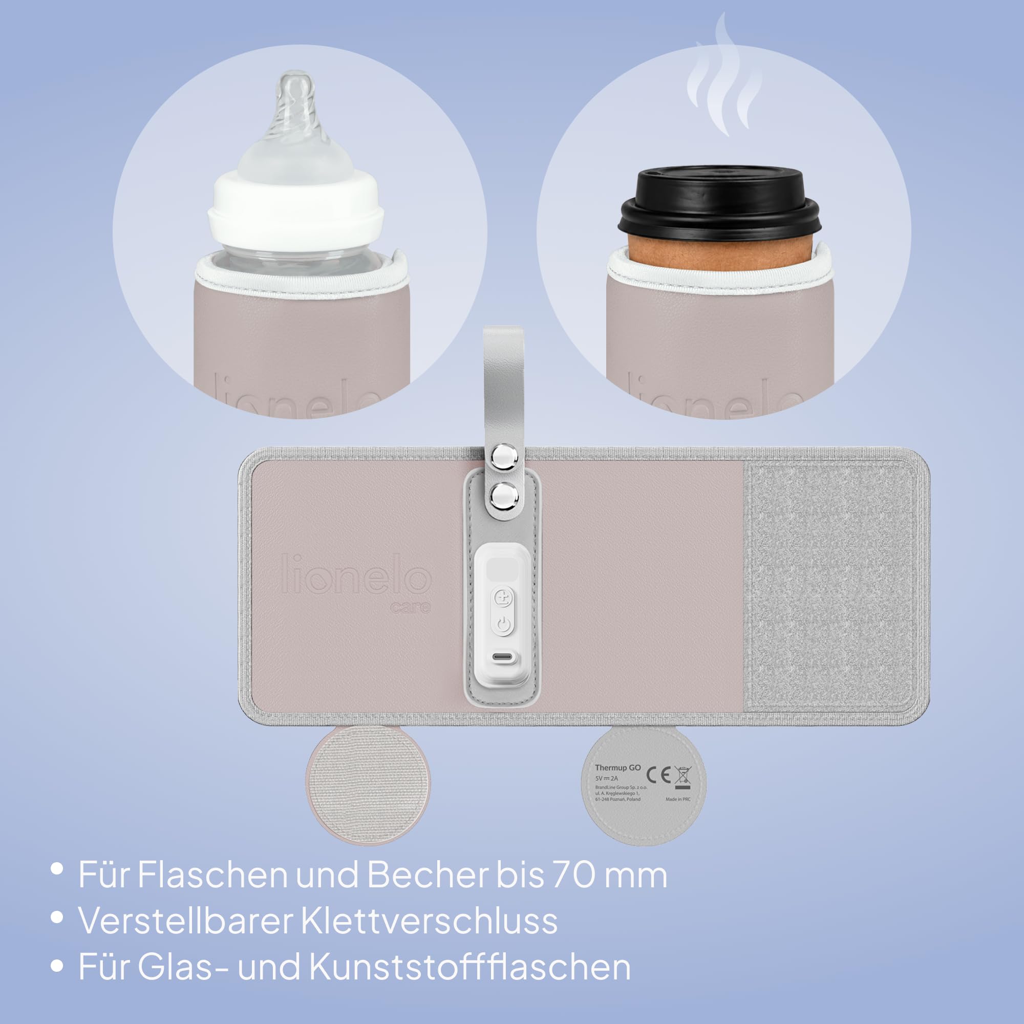 LIONELO Thermup Go Tragbarer Babyflaschenwärmer USB-C, Flaschenwärmer Unterwegs & Auto, 24h Warmhaltefunktion, 5 Temperaturstufen 38–50°C, LCD Display, Thermostat, Universal, BPA-frei, Leise