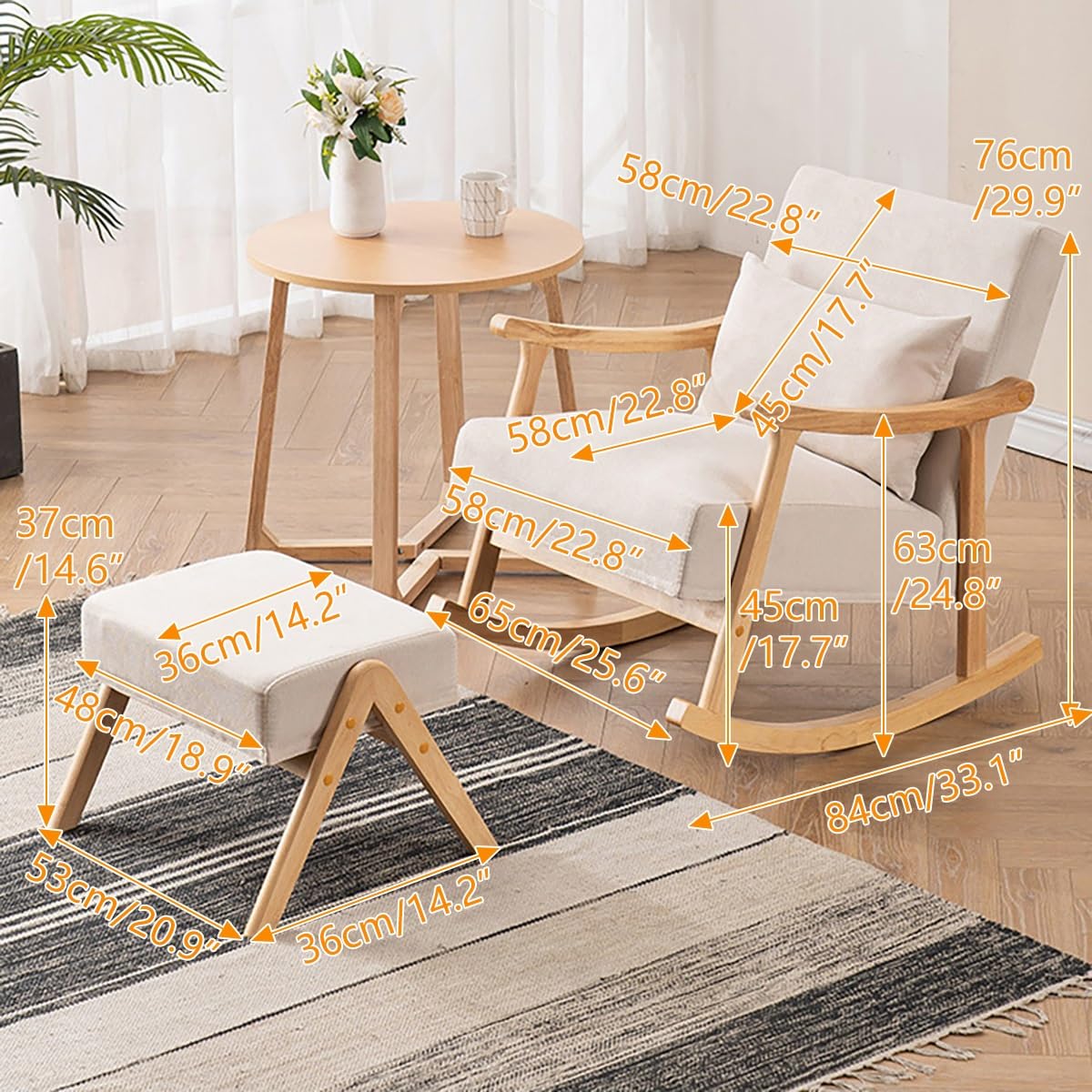 Oversized Rocking Chair with Cushion, Modern Accent Rocking Chair with Solid Wood Legs, Rocker Recliner Chair with Ottoman, Nursery Recliner with Cotton Linen for Bedroom, Living Room, Porch, Garden(D