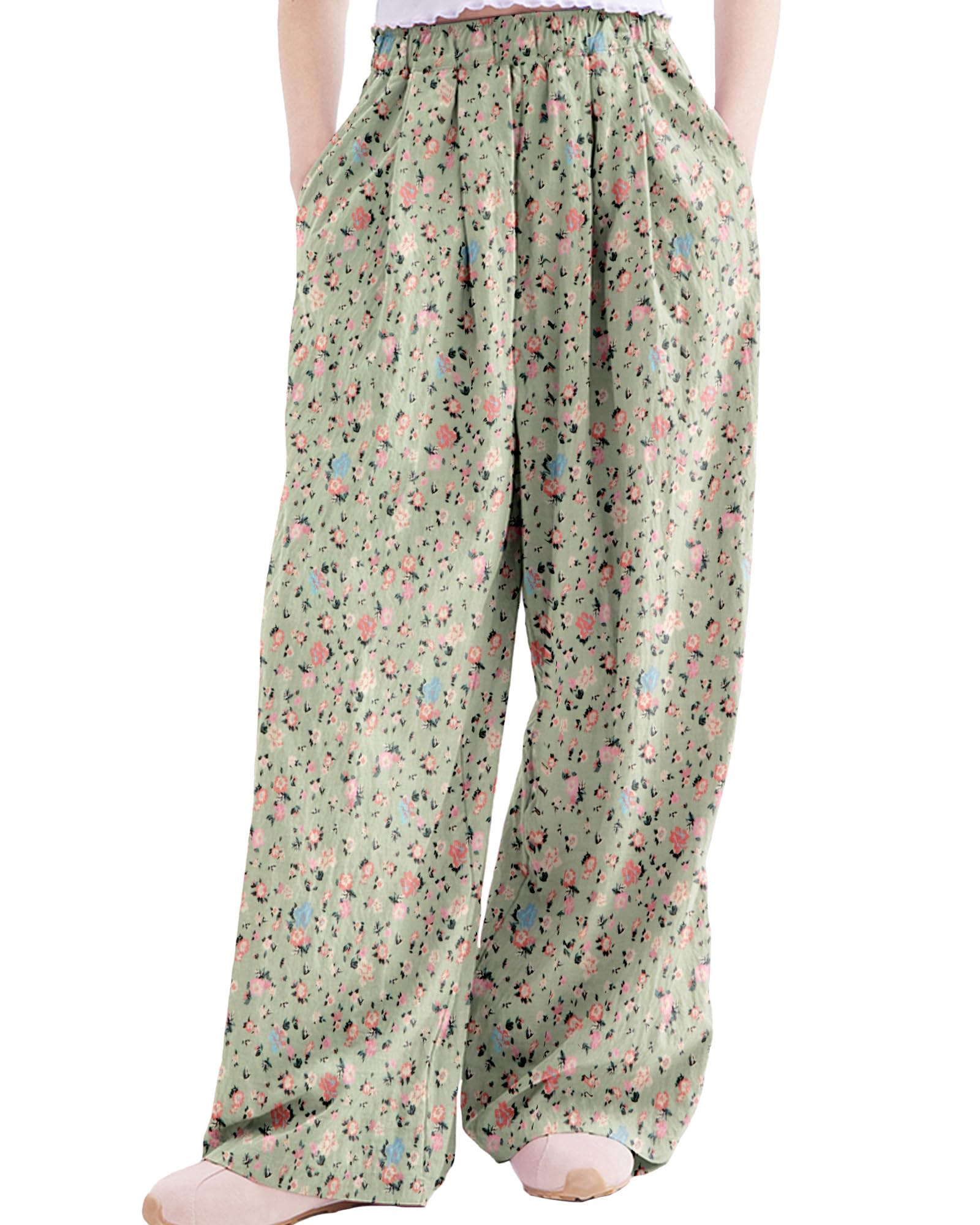 Rolanko Girls Wide Leg Pants Flowy Palazzo Pants for Girls Kids Linen Trousers Loose Fit Casual Beach Travel 6-15Y