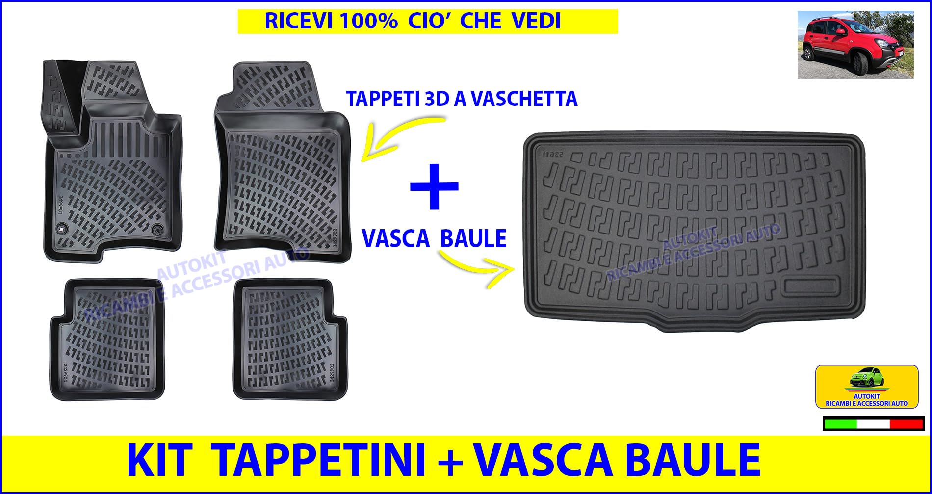 VASCA BAULE Specifica + Tappetini Tappeti auto 3D a Vaschetta Specifici COMPATIBILI con Panda 312 e 319 tutti i modelli prodotti dal 2012 in poi - 8000907-8020684