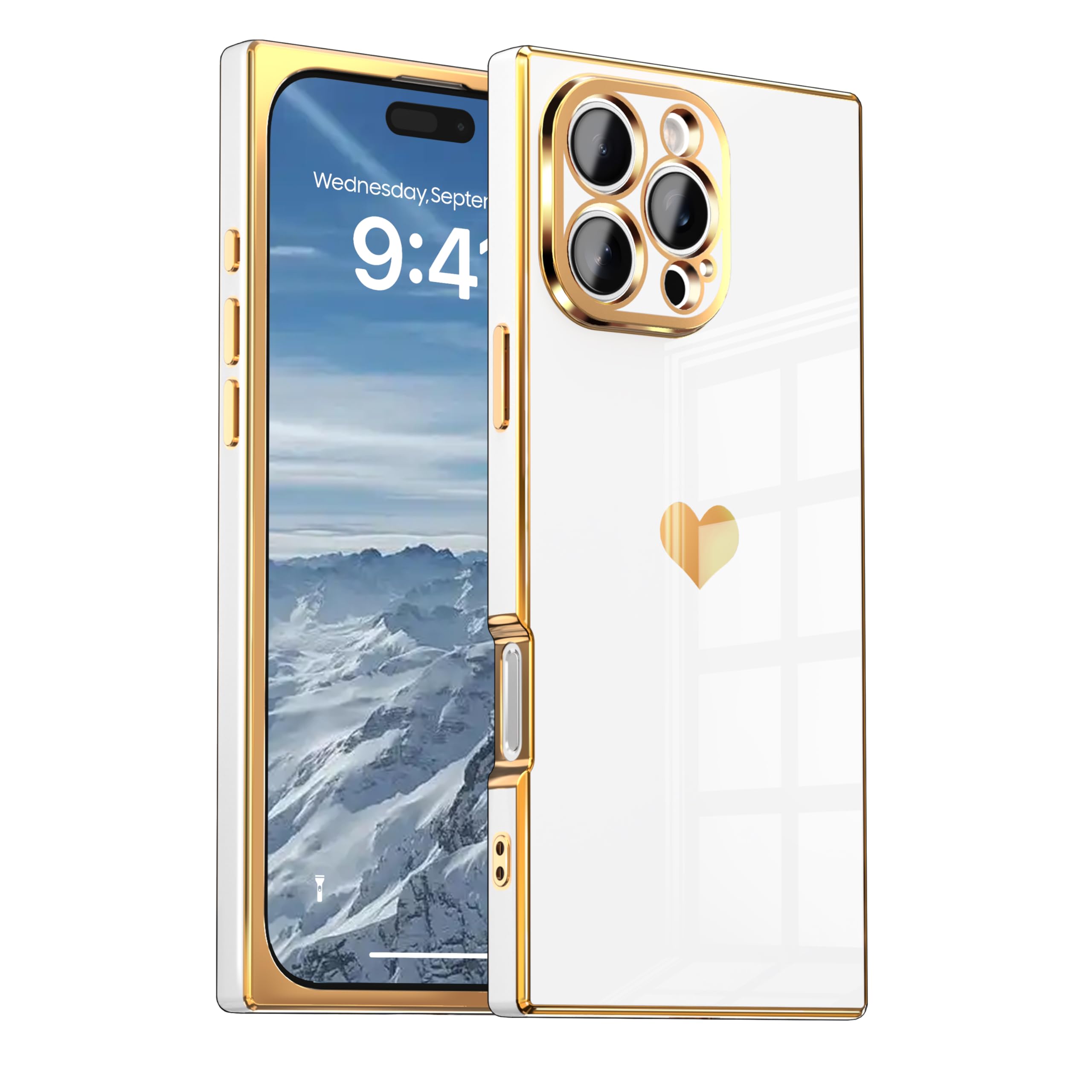 IAIYOXI Case for iPhone 15 Pro - Rectangle Design, Full Camera Protection, Cute Heart Pattern, Electroplated Reinforced Corners, Shockproof Edge