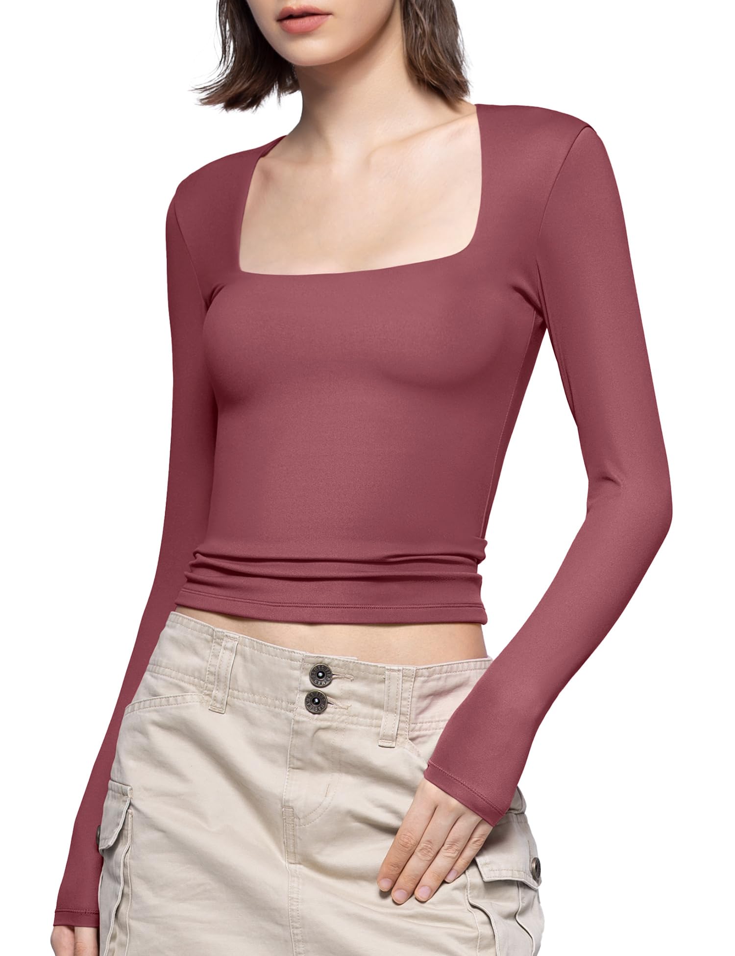 PUMIEY Women's Square Neck Long Sleeve T Shirts Slim Fit Tops Basic Tee Smoke Cloud Pro Collection