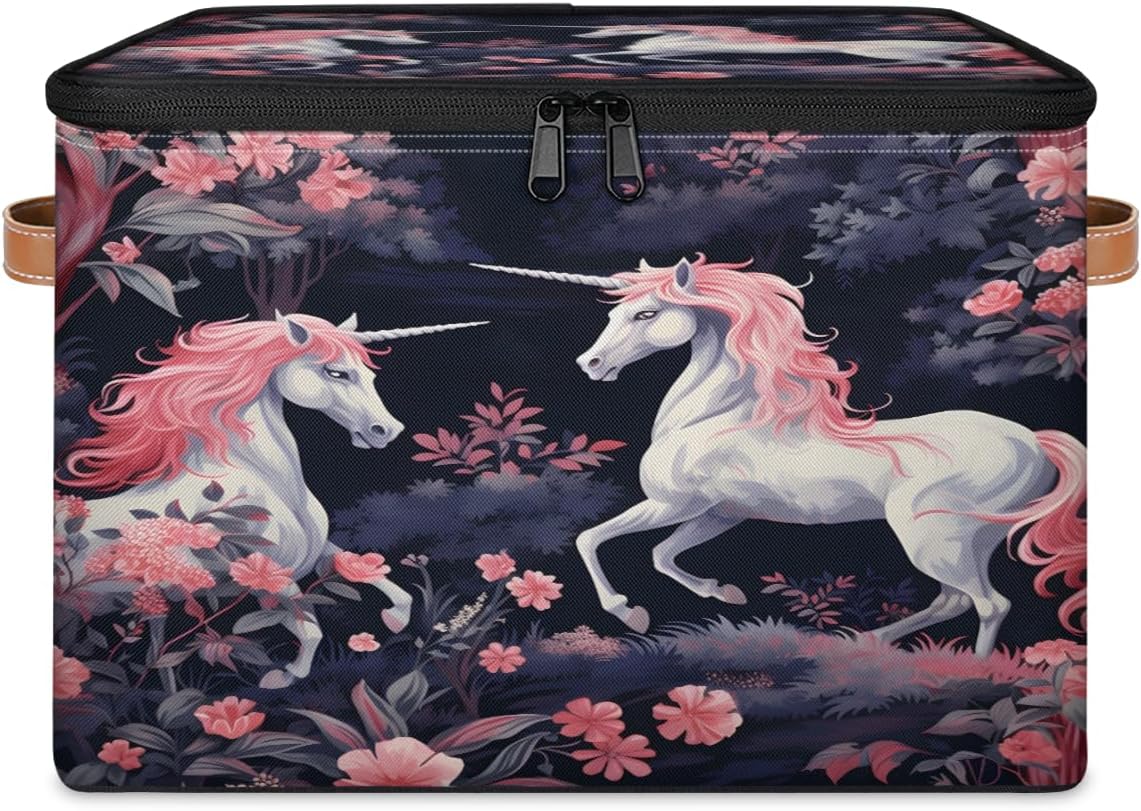 Storage Bin Set of 2 Florals Unicorn Storage Basket with Zipper Lid & Handle Foldable Closet Shelf 2 Pack Cloth Organizer Basket Cube Bins Clothes Organizer for Bedroom, Nursery