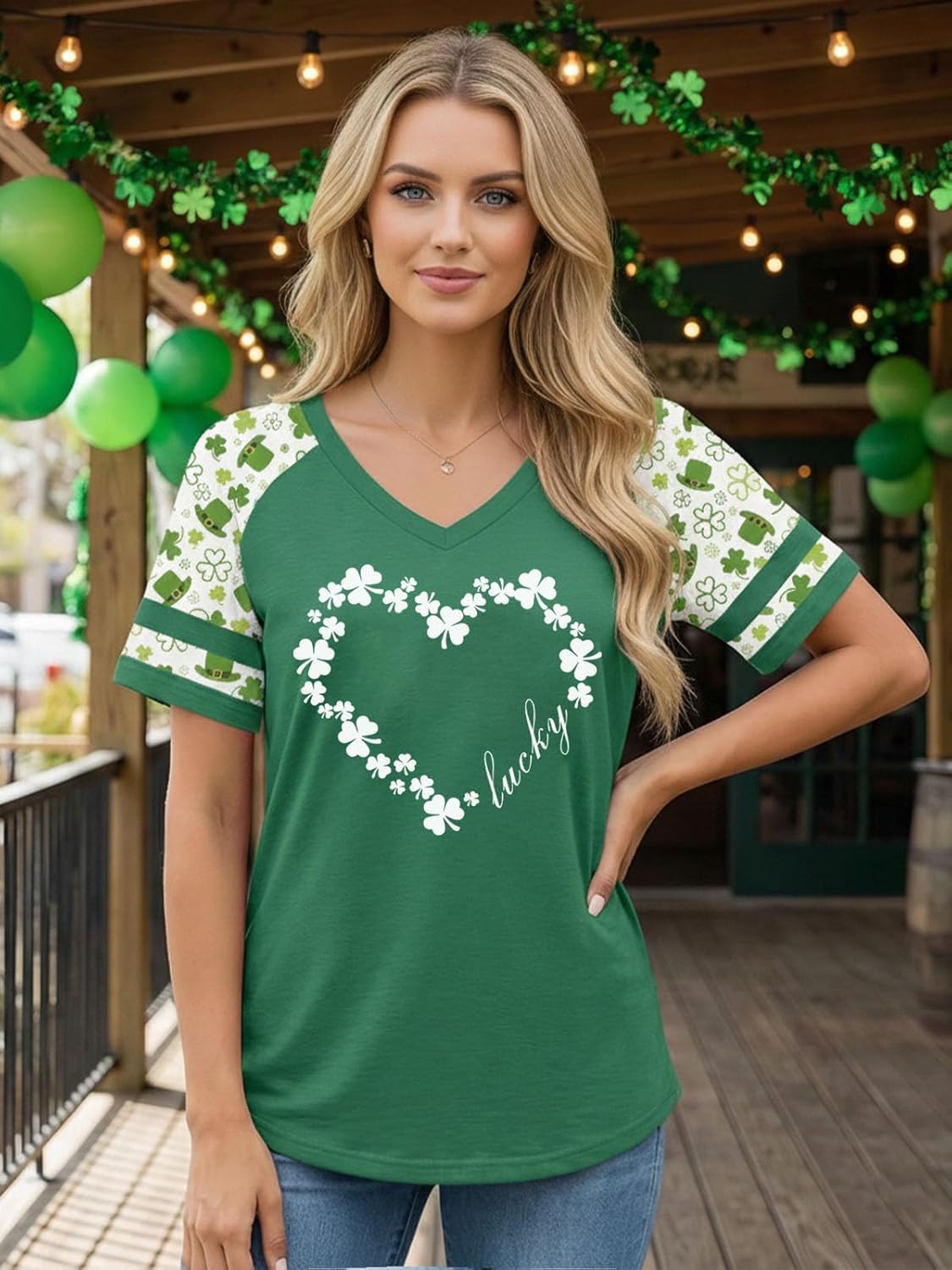 St Patricks Day Shirt Women V Neck Irish Shamrock St Paddys Day Tee Holiday Raglan Short Sleeve Tops - Image 3