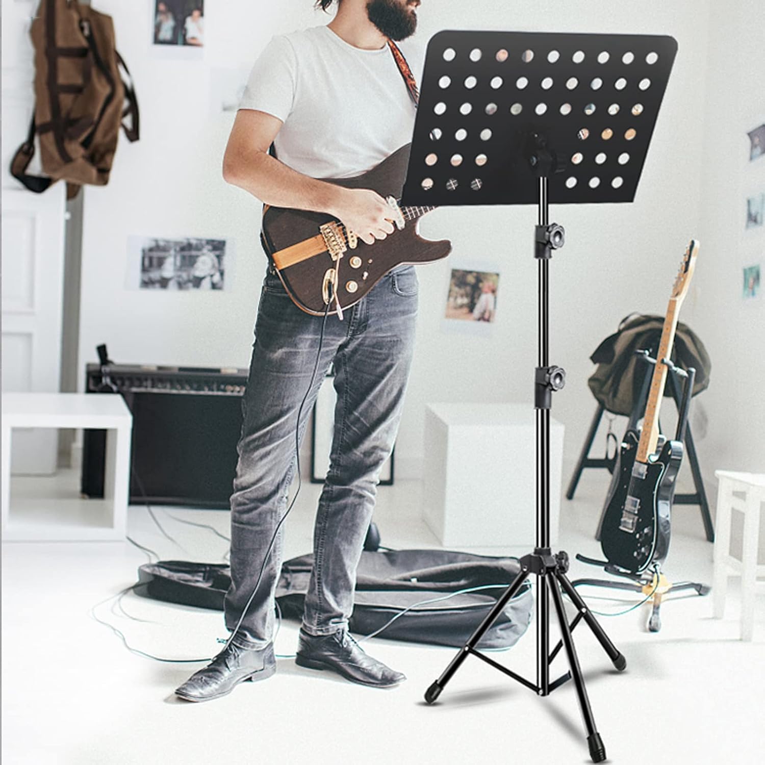 HJXGQJM Metal Music Stand Black,Portable Orchestral Conductor Music Stand, Stable Tripod Base, Portable, Easy to Assemble, Height Angle Adjustable, Sheet Music Stand with Handbag Sheet Music Stand