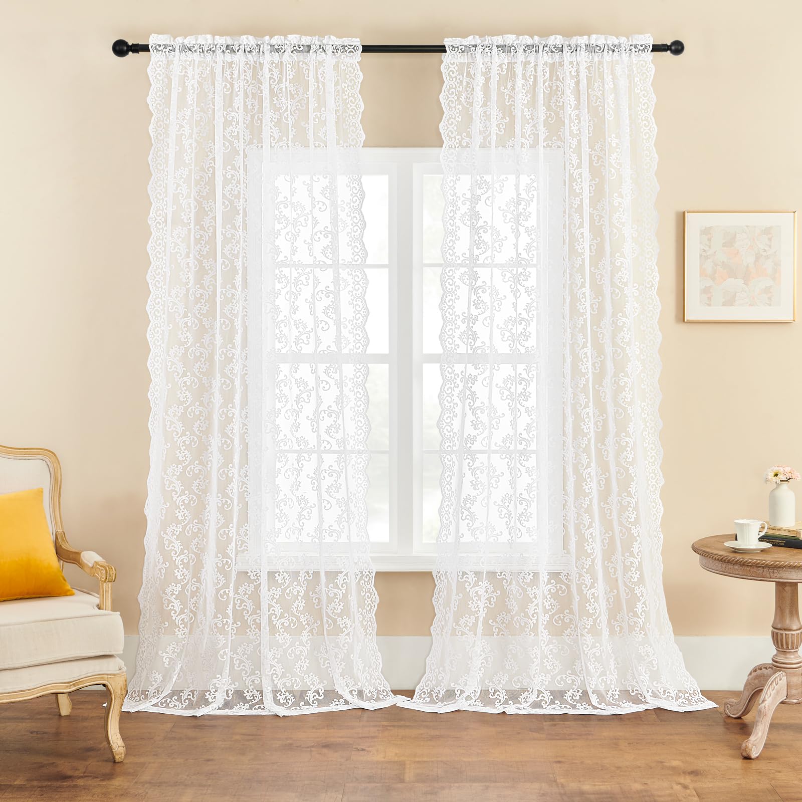 Bujasso Tende In Pizzo Trasparenti Beige 274 Cm - Set Da 2 Pannelli, Motivo Floreale Vintage