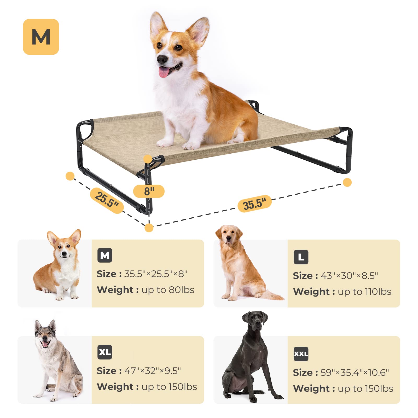 Veehoo Lettino Rialzato per Cani, Dog Bed Outdoor Raffreddamento Elevato Cane Letto per Cani di media taglia, Portatile Standing Pet Letto con Rete Traspirante Lavabile, Piedi antiscivolo, Beige