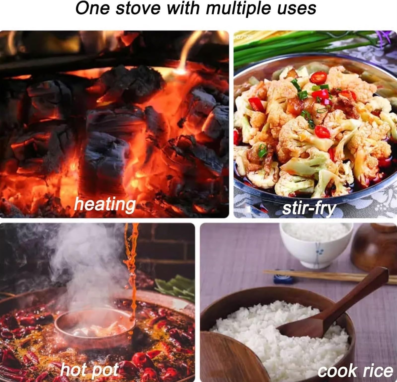 Stufa a legna in ghisa, riscaldatore multicombustibile senza fumo, per interni ed esterni, per cucinare e riscaldare il campeggio