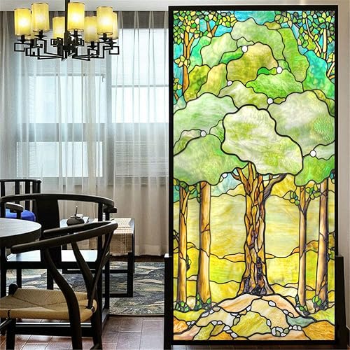 Miniatura 5 de Lámina decorativa para ventana, privacidad, paisaje de bosque, creek, pintura al óleo, adhesivos estáticos para ventanas, sin pegamento,