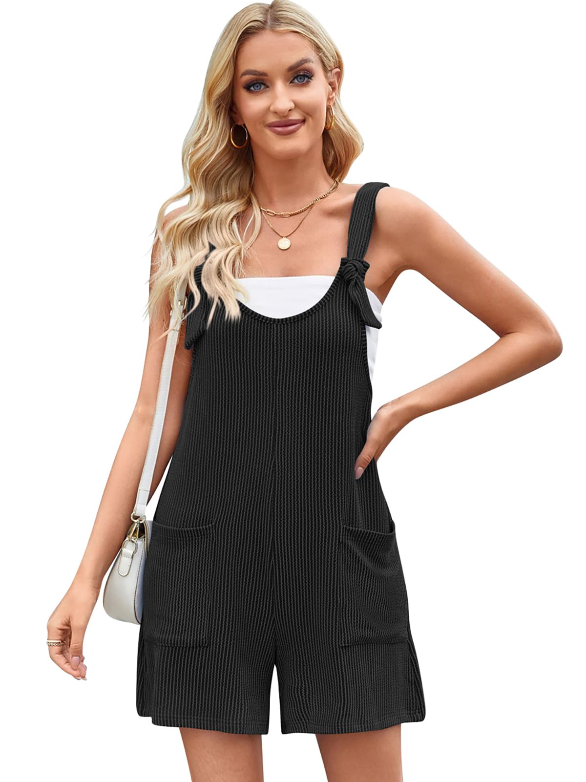 SotRong Mono corto casual de punto acanalado para mujer con correas ajustables y bolsillos delanteros, bonito mono de verano sin mangas, holgado, holgado, sin mangas, tallas S-XL