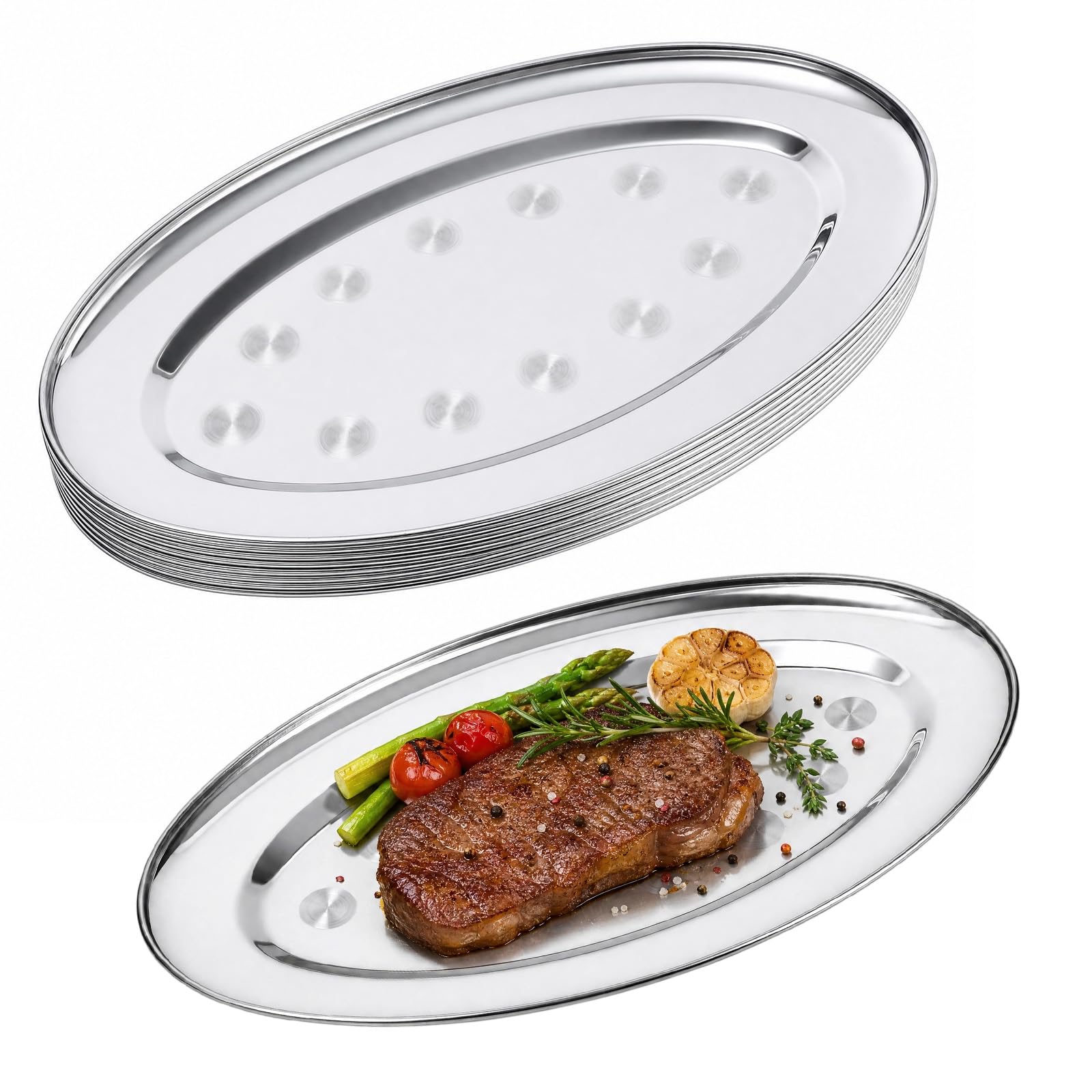 Lot de 10 plateaux de service en acier inoxydable, bord surélevé et passe