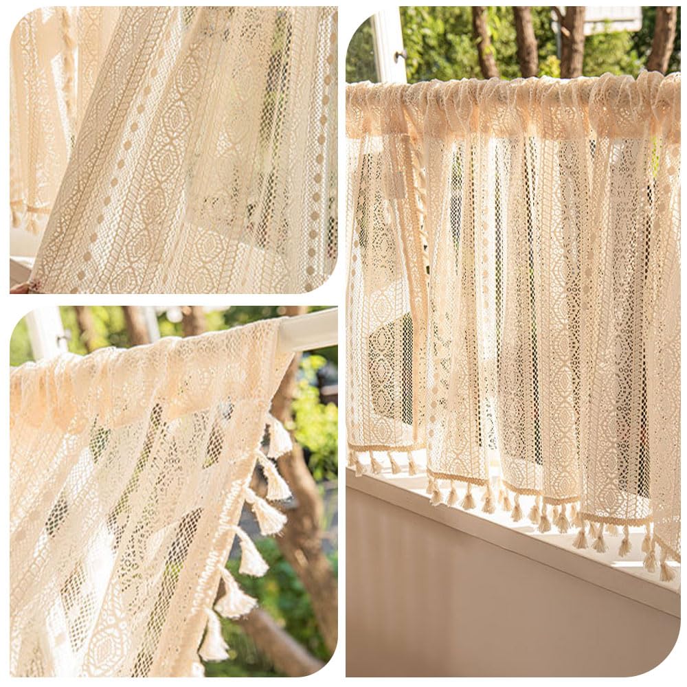 Landhaus-Scheibengardine Mit Quasten – 146x46 Cm, Boho Gestreift, Aus Polyester Für Küche & Wohnzimmer
