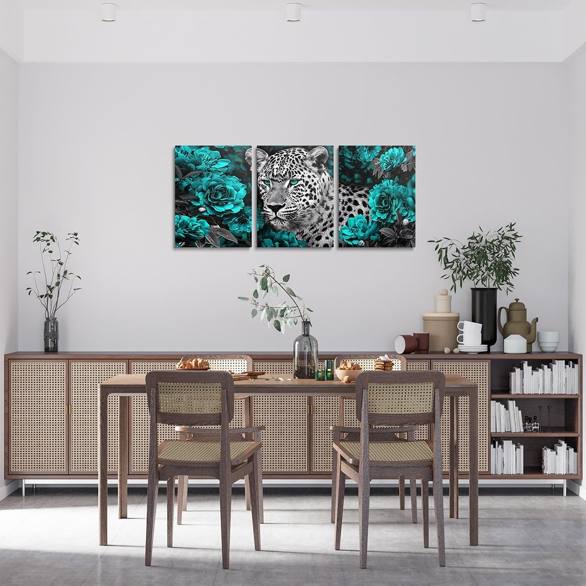 3D Leopard Canvas Wall Art for Living Room,Teal Rose Flowers Framed Wall Art Cheetah Print Poster Prints,Western Wild Animal African Safari Animals 3 Piece Pictures Wall Decor,Black White Grey
