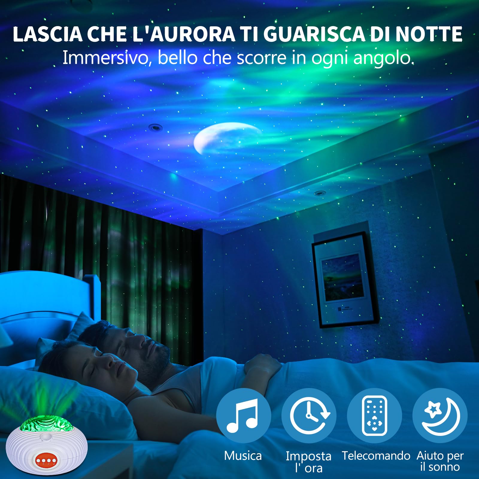 Jirmerp Proiettore Stelle Soffitto,Doppio Effetto Proiettore cielo Stellato Aurora e la Via Lattea con Altoparlante Bluetooth Luce Notturna con Timer/Remoto, per bambini, adulti