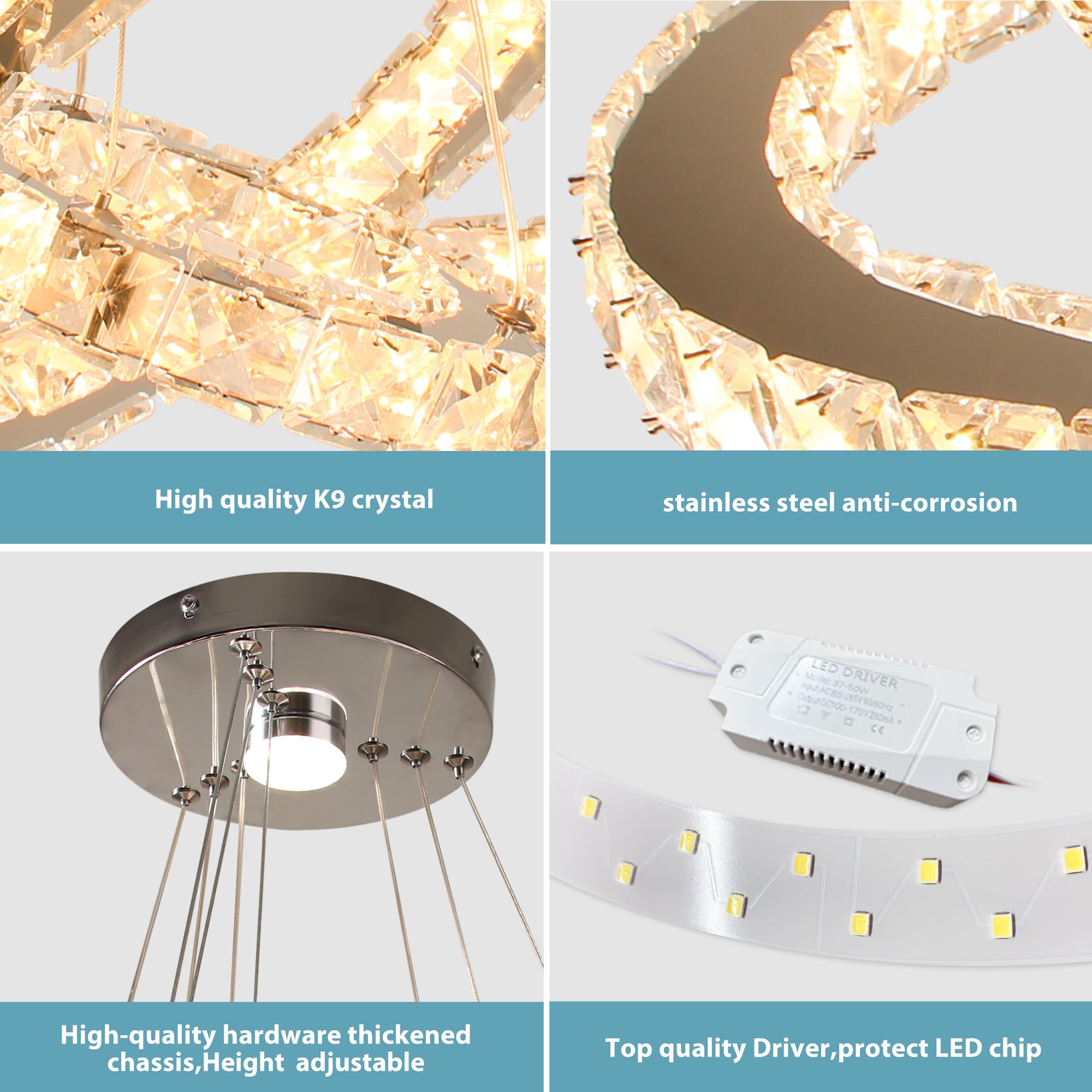 Dixun Lampadario dimmerabile LED, Plafoniera moderna, 3 Anelli, Regolabile, Lampada a sospensione in acciaio inossidabile, Lampadario per camera da letto, Soggiorno