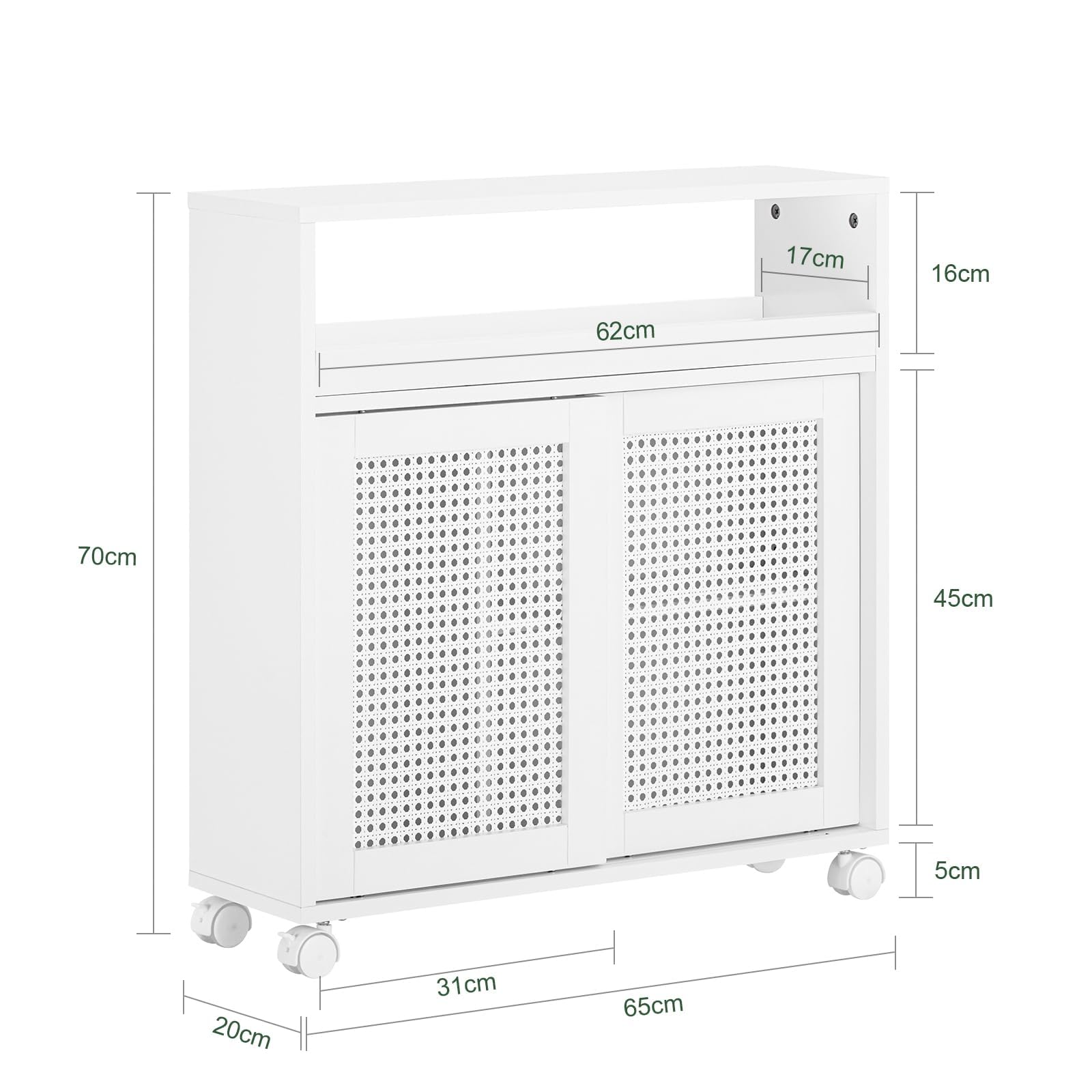 SoBuy schmaler Badezimmerschrank mit Rollen – Nischenschrank 20cm – Badschrank zur Aufbewahrung von Toilettenpapier – Badmöbel aus Holz mit höhenverstellbaren Einlegeböden, Weiß, 20x70x65cm, BZR119-W