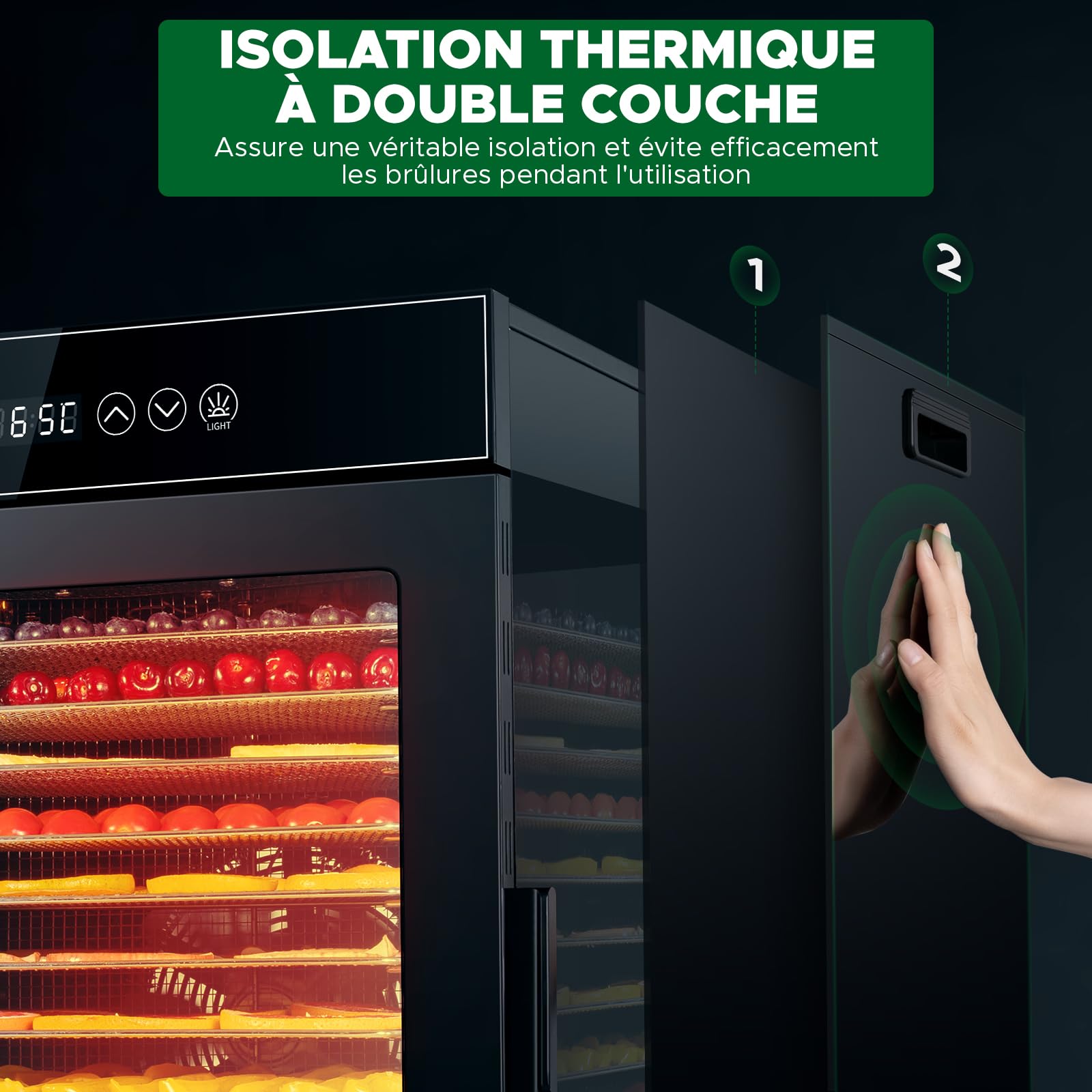 Kwasyo Déshydrateur Alimentaire 12 Plateaux en Acier Inoxydable, Tout en Noir, Structure à Double Couche, Grande Capacité Déshydrateur Commercial pour Fruits, Poissons, Légumes, Viande, Jerky, Herbes