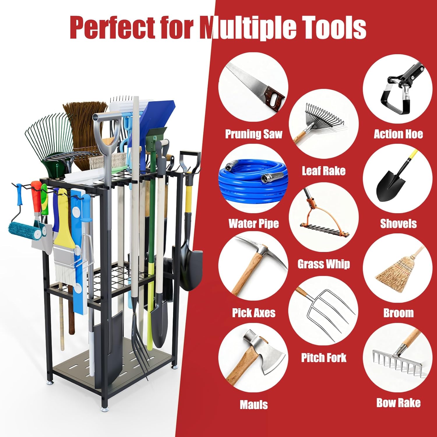 Garden Tool Organizer, 3-Tier Metal Yard Tool Rack with 14 Hooks & 5 Slots, Holds 50+ Rakes/Shovels/Brooms, Heavy Duty Freestanding Lawn Tool Storage for Garage Shed Outdoor Organization