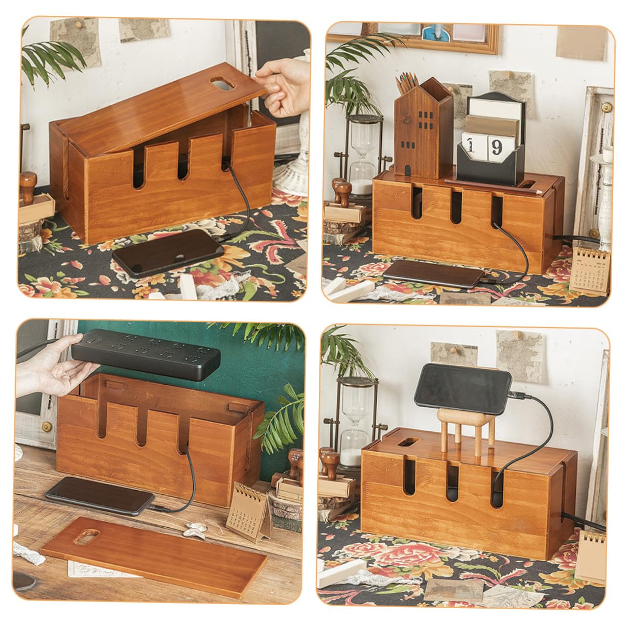 Housoutil Caja Organizadora Diseño Rústico de Madera de Gestión de Cables Tapa y Función de Organización de Escritorio para Oficina y Hogar