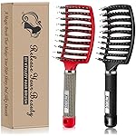 Detangling Brush Boar Bristles Set KTKUDY Hair Brush Curved and Vented Detangler Brush for Women Men Kids Wet and Dry Hair (Red&Black)