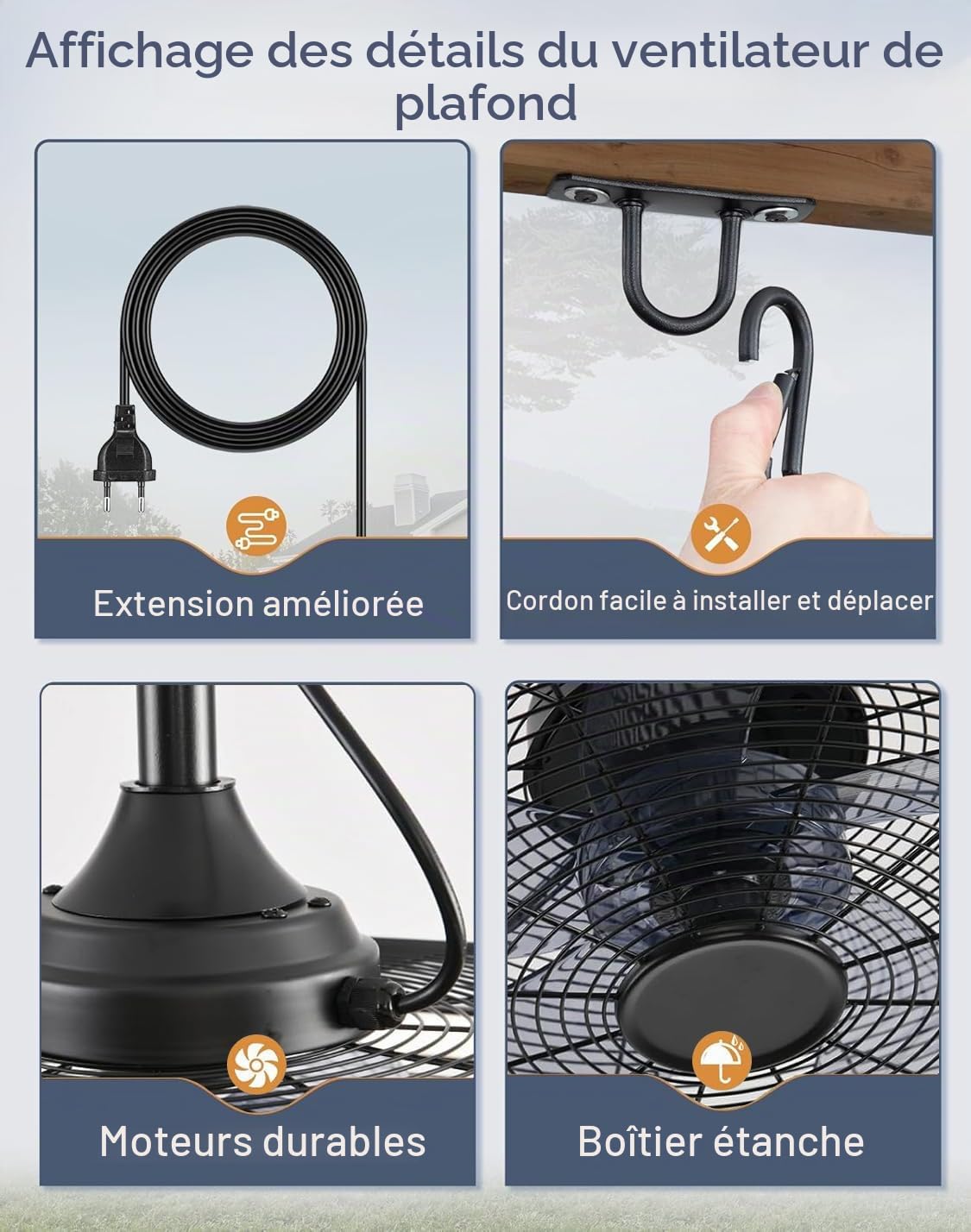 Ventilateur de plafond d'extérieur avec éclairage et télécommande IP65 étanche IP65 - Lampe de plafond silencieuse à intensité variable avec ventilateur 6 vitesses - Pour chambre à coucher