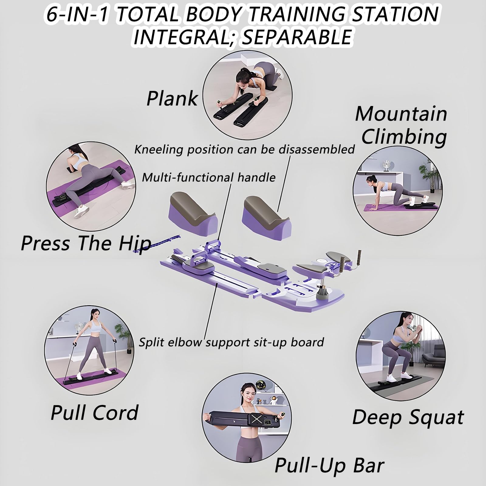6-in-1 Spine Twist & Stretch Trainer,Kriechmaschine Fürs Training,3-Stufige Verstellung,Abnehmbar,70 Cm Große Kriechstrecke,Max. 230 Kg,Für Bauch-, Taillen- Und Rumpfmuskulaturtraining Purple