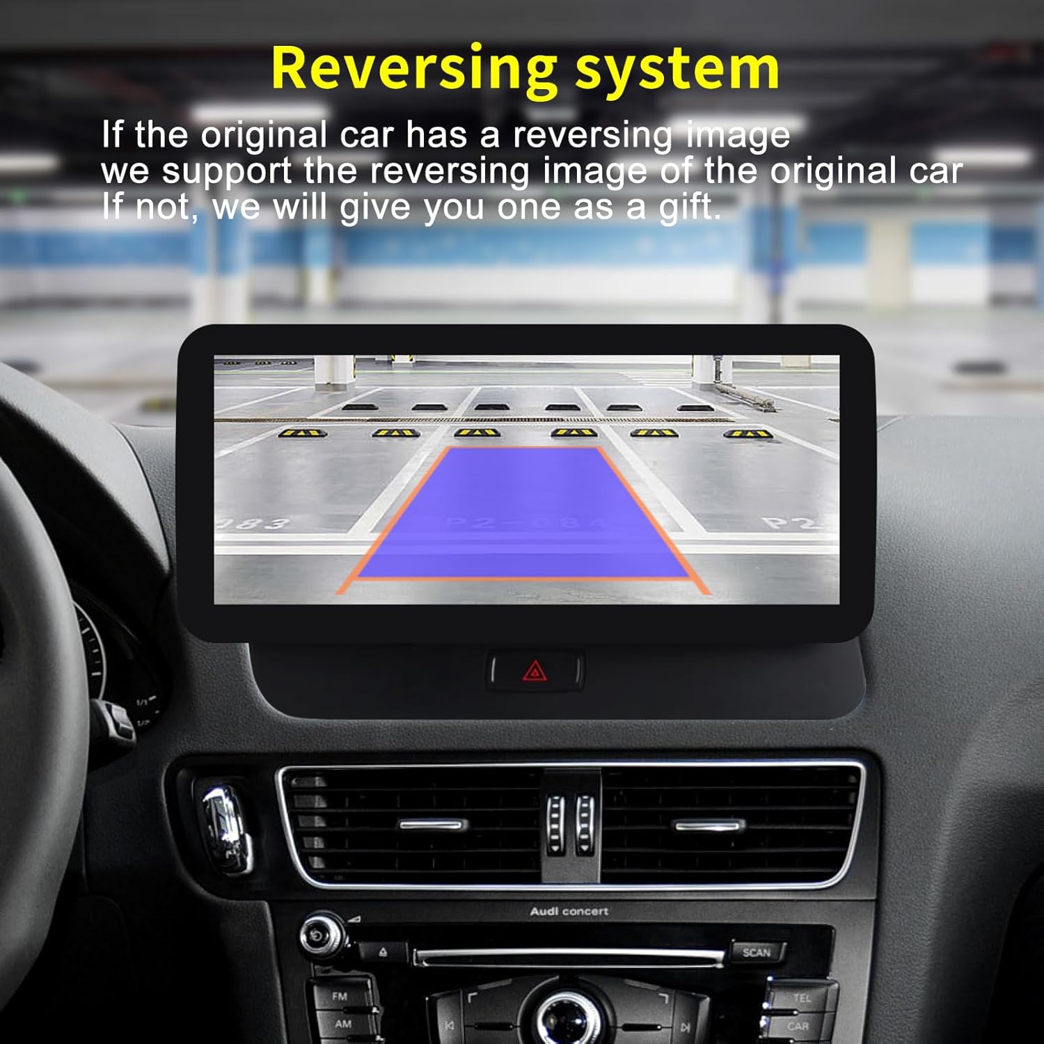 Reversing camera view with parking guidelines on the car radio screen