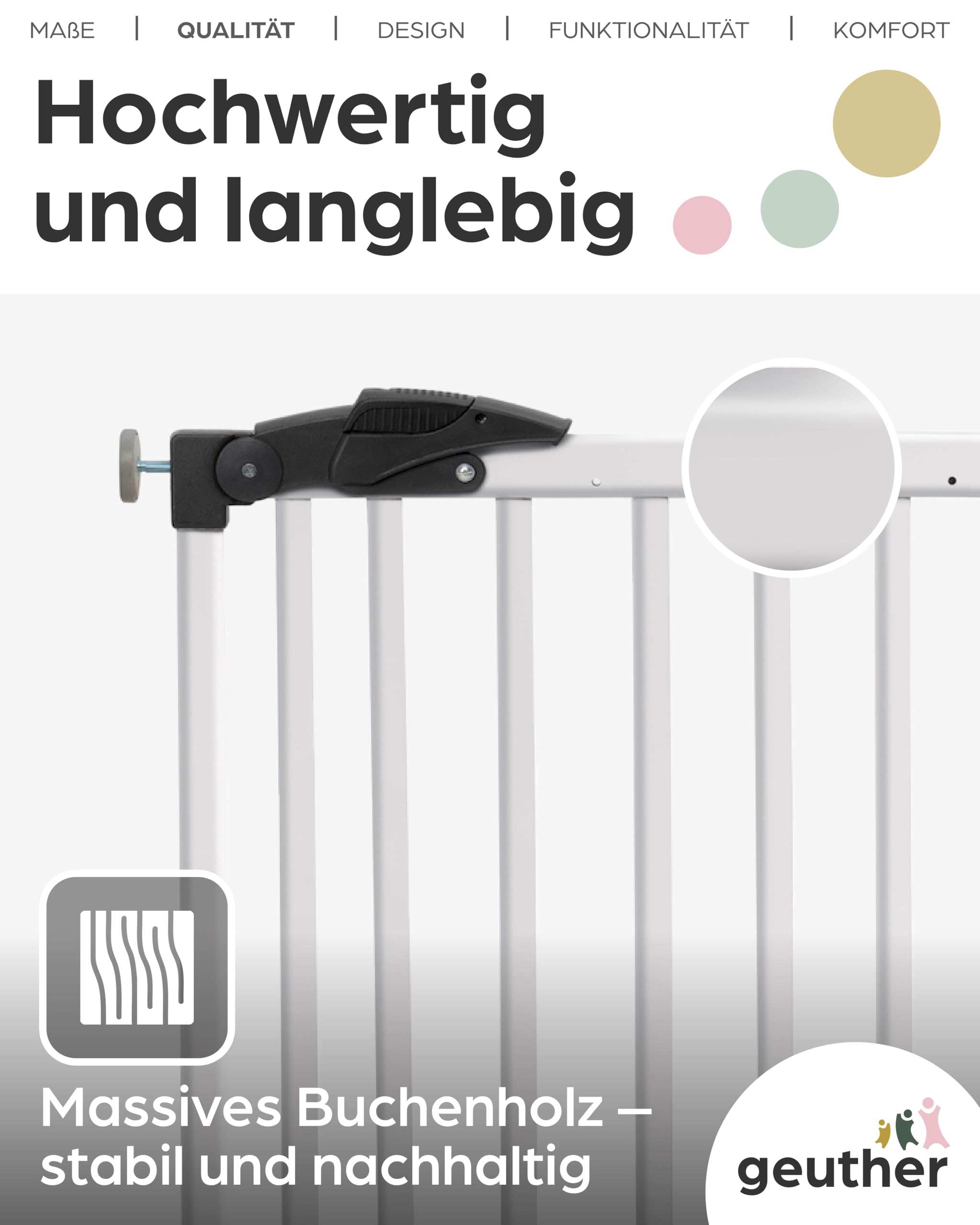 Geuther Treppenschutzgitter ohne Bohren, 68‑102 cm | Flexibles & klemmbares Kinderschutzgitter I Türgitter Baby aus Holz, massiv I Türschutzgitter ohne Bohren mit Sicherheitsverschluss I Farbe Weiß