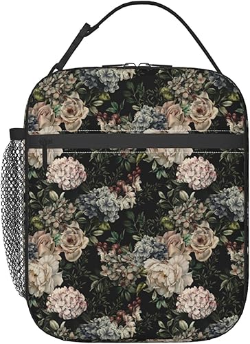Bolsa de almuerzo aislada con flores florales negras, lonchera para viajes de oficina, bolsa de comida para mujeres y hombres