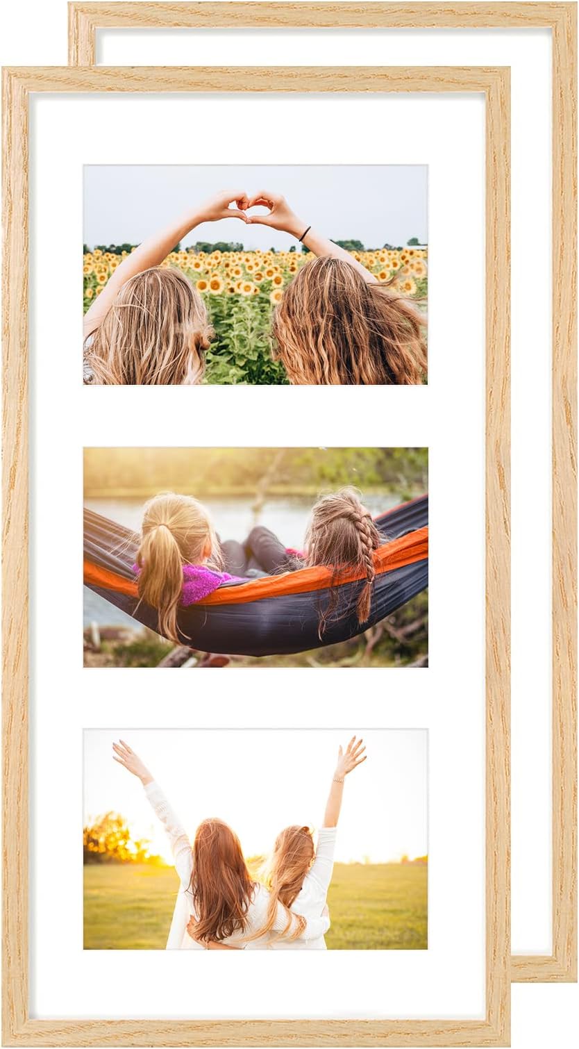 Multiple 3 Aperture Picture Frame for 10 x 15 cm Images,3 opening-6 x 4 Inch Natural Wood Color Photo Frame Made of Solid OAK Wood with Plexi-glass Front for Wall Mount,2 pack triple photo frames 6x4