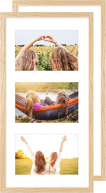 Multiple 3 Aperture Picture Frame for 10 x 15 cm Images,3 opening-6 x 4 Inch Natural Wood Color Photo Frame Made of Solid OAK Wood with Plexi glass Front for Wall Mount,2 pack triple photo frames 6x4