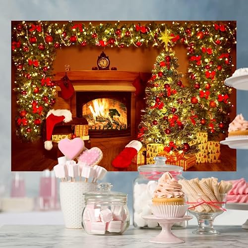 Miniatura 8 de Lofaris Telón de fondo de chimenea de Navidad de 9 x 6 pies, diseño vintage, medias de árbol de Navidad, fuego brillante, fotografía, fondo,
